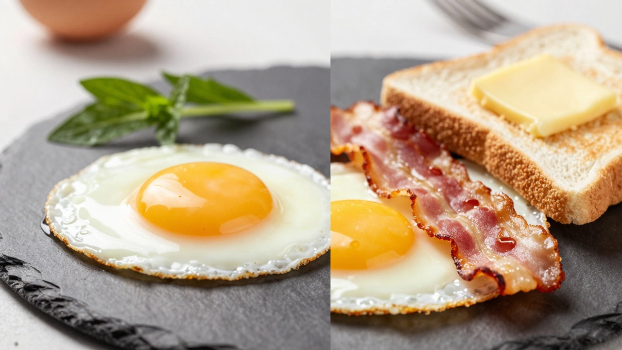 Сравнение легкого завтрака из яиц и калорийного завтрака с беконом и тостами